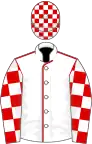 White, red seams, red and white check sleeves and cap