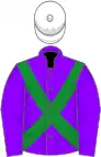 Violet, green cross-belts, white cap