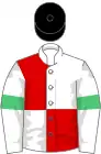 White and red (quartered), white sleeves, emerald green armlets, black cap