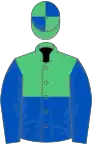 Emerald green and royal blue halved horizontally, blue sleeves, quartered cap