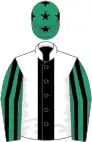 White, black stripe, emerald green and black striped sleeves, emerald green cap, black stars