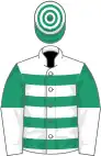 White and emerald green hoops, emerald green and white halved sleeves, emerald green and white hooped cap