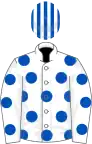 White, royal blue spots, white and royal blue striped cap