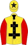 Yellow, black cross of lorraine, red sleeves, yellow cap, black star