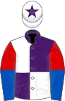 Purple and white (quartered), red and royal blue halved sleeves, white cap, purple star