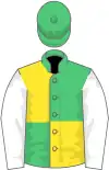 Emerald green and yellow quartered, white sleeves, em green cap