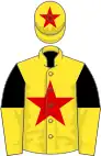 Yellow, red star, black and yellow halved sleeves, yellow cap, red star