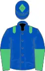 Royal blue, emerald green epaulets, halved sleeves, royal blue cap, emerald green diamond