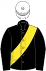 Black, yellow sash, white cap