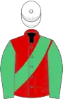 Red, emerald green sash and sleeves, white cap