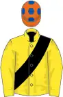 Yellow, black sash, orange cap, royal blue spots