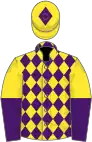 Yellow and purple diamonds, halved sleeves, diamond on cap