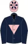 Dark blue, pink inverted triangle, pink cap, blue diamonds