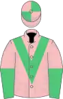 Pink, emerald green chevron, halved sleeves, pink and emerald green quartered cap