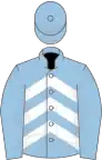 Light blue, white chevrons, light blue sleeves and cap