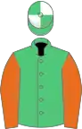 Emerald green, orange sleeves, emerald green and white quartered cap