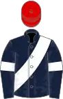 Dark blue, white sash and armlets, red cap