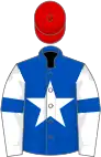 Royal blue, white star, white sleeves, royal blue armlets, red cap