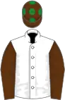 White, brown sleeves, brown cap, green spots