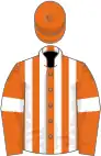 Orange and white stripes, orange sleeves, white armlets, orange cap