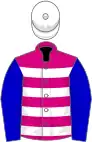 Cerise, white hoops, blue sleeves, white cap