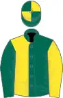 Dark green and yellow (halved), sleeves reversed, dark green and yellow quartered cap