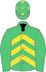 Emerald green and yellow chevrons, emGreen sleeves, emGreen cap, yellow stars