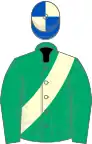 Jade Green, Cream sash, Royal Blue and Cream quartered cap