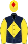 Dark blue, yellow diamond and sleeves, yellow cap, red diamond