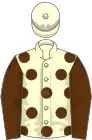 Cream, brown spots, brown sleeves, cream cap with white spots