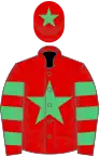 Red, emerald green star, hooped sleeves, red cap, emerald green star