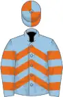 Light blue, orange chevrons, hooped sleeves, orange and light blue quartered cap