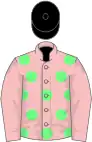 Pink, light green spots, pink sleeves, black cap