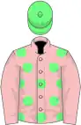 Pink, light green spots, pink sleeves, Emerald green cap