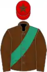 Brown, emerald green sash, red cap, brown star