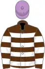 Brown and white hoops, mauve cap