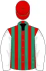 Red and emerald green stripes, white sleeves, red cap