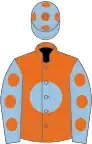 Orange, light blue disc, light blue sleeves, orange spots and spots on cap