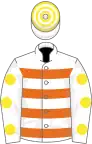 White and orange hoops, white sleeves, yellow spots, white and yellow hooped cap