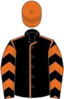 Black, orange seams, chevrons on sleeves, orange cap