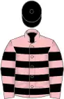 Pink, black hooped, pink sleeves, black hooped, black cap