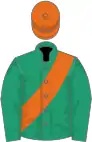 Emerald green, orange sash, orange cap