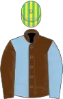 Brown and light blue (halved), sleeves reversed, emerald green and yellow striped cap