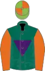 Dark Green, Purple inverted triangle, Orange sleeves, Light Green and Orange quartered cap