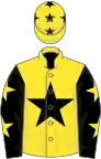 Yellow, black star, black sleeves, yellow stars, yellow cap, black stars