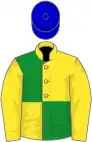 Yellow and green (quartered), yellow sleeves, blue cap