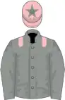 Grey, pink epaulettes, grey sleeves, pink cap, grey star