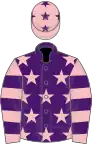 Purple, pink stars, pink and purple hooped sleeves, pink cap, purple stars