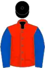 Scarlet, royal blue sleeves, black cap