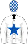 White, royal blue star, checked cap